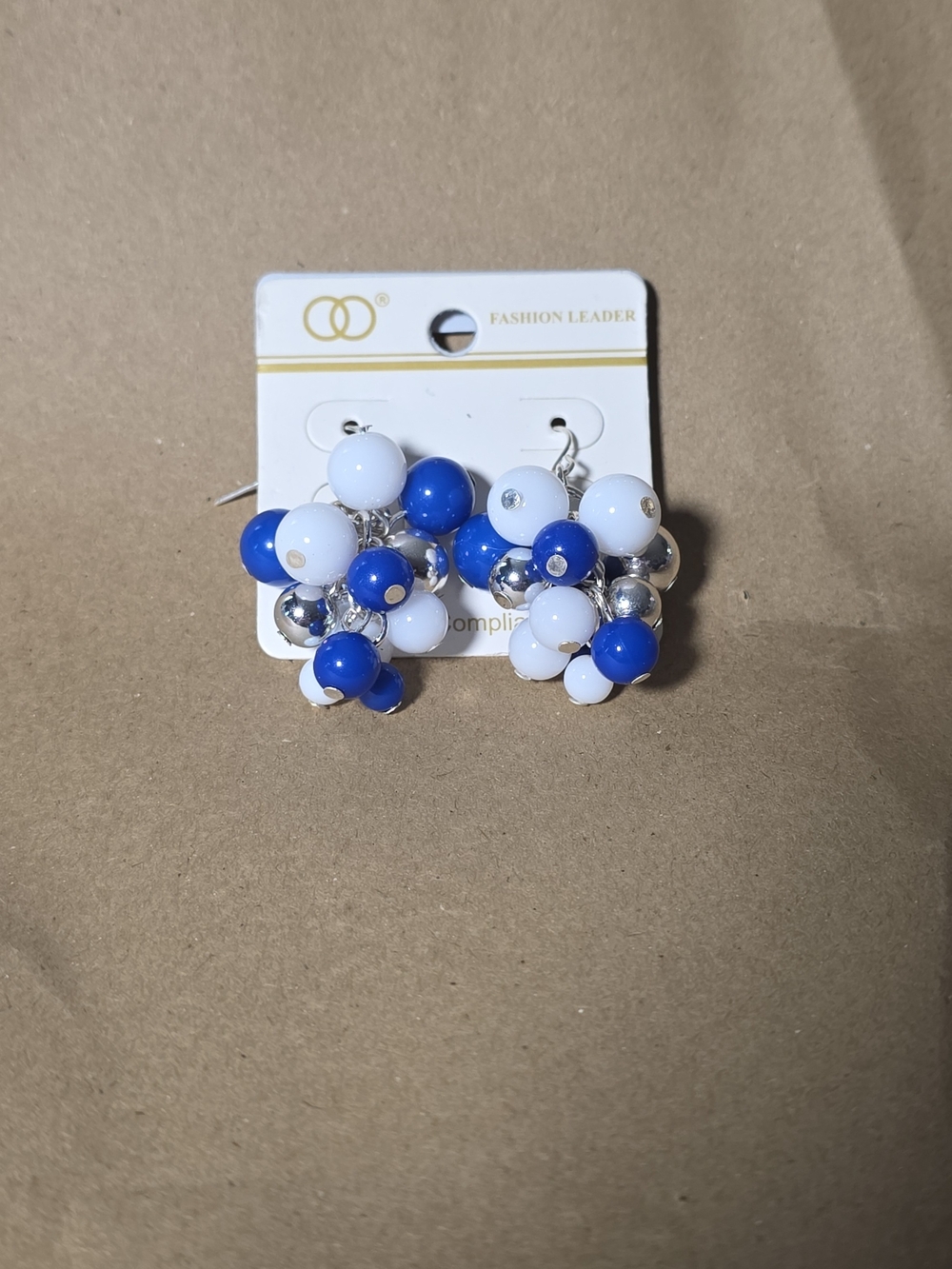 Blue, White, And Silvertone Beaded Cluster Earrings Hook Back